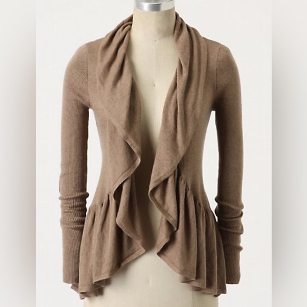 Guinevere Anthropologie Brown Cashmere Open Front Ruffle Cardigan‎ Size Small